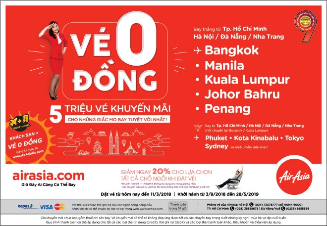 AirAsia tung 5 triệu vé khuyến mãi từ 0 đồng