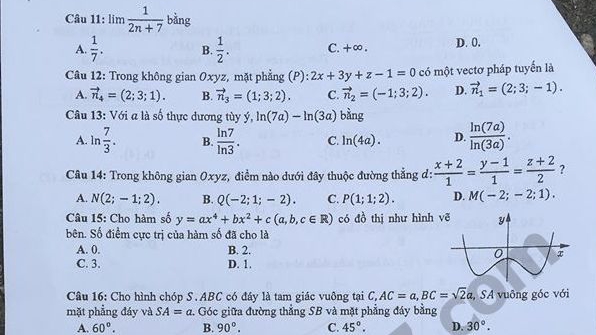 Đáp án đề thi THPT Quốc Gia 2018 môn Toán