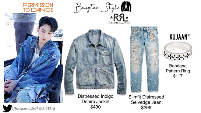 Trong video, RM diện combo Ralph Lauren với áo sơ mi denim trị giá 319 USD và quần jean 495 USD.