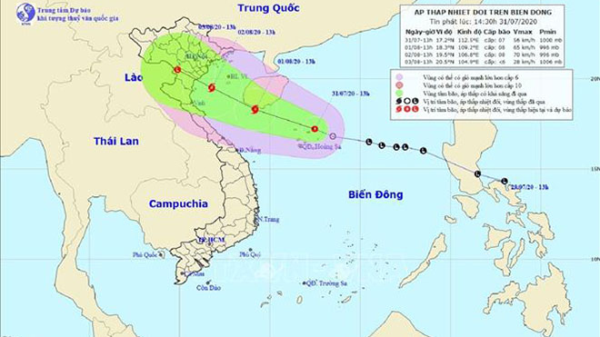 Vùng áp thấp ít di chuyển, phía Nam mưa dông kèm ngập úng về đêm và sáng