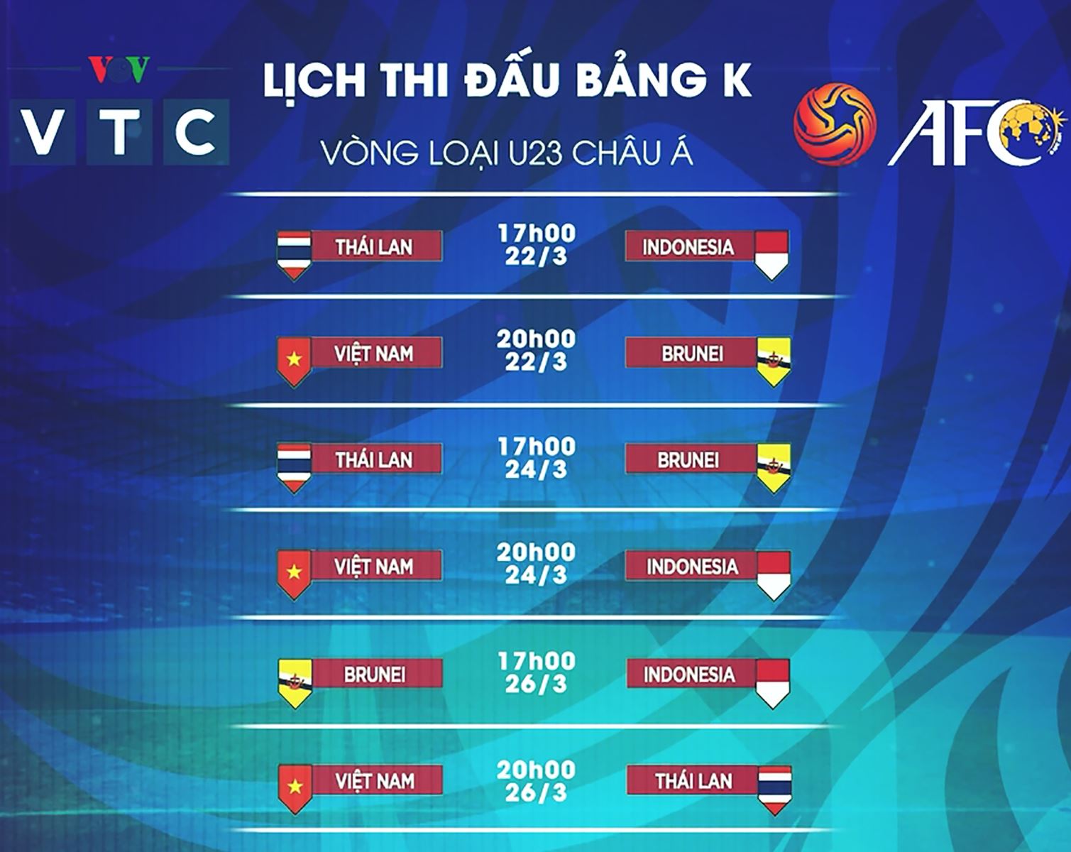 lich thi dau u23 chau a, lịch thi đấu u23 viet nam, vòng loại u23 châu á, lich vong loai u23 chau a 2019, truc tiep bong da, u23 việt nam, Brunei, VTC3, VTC1, VTV5, VTV6