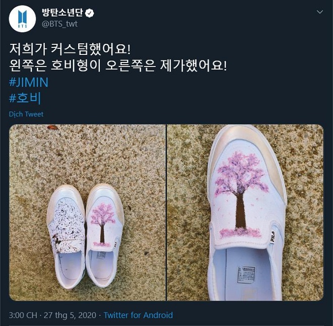 BTS, Jimin và J-Hope thiết kế giày, Jimin và J-Hope customize giày, giày Fila phong cách bts, Line Friends bts, tài thiết kế của BTS, Jimin và J-Hope trổ tài thiết kế