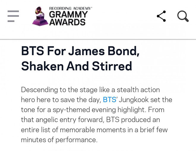 BTS, 10 khoảnh khắc đáng nhớ của Jungkook tại Grammy 2022, V BTS, Suga, Jimin, Tin bts