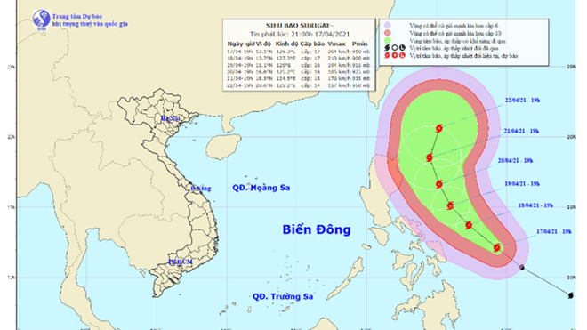 Siêu bão Surigae mạnh cấp 17 gần biển Đông