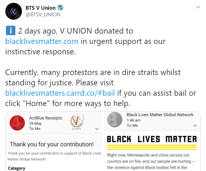 V BTS, V vận động quyên góp vì quyền người da đen, #BlackLivesMatter, bts, phong trào Black Lives Matter, V Union, V làm từ thiện, V hoạt động xã hội, V quyên góp tiền