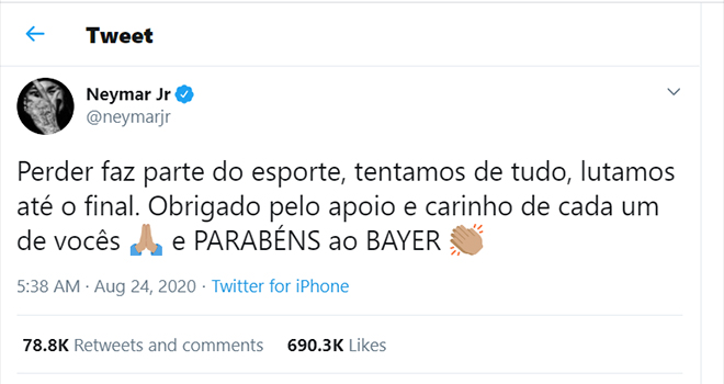 PSG 0-1 Bayern Munich, Chung kết Cúp C1, Neymar chúc mừng nhầm, Bayer Leverkusen, Neymar, Twitter, Bayern Munich, Leverkusen, Bayer, chung kết Champions League, chúc mừng