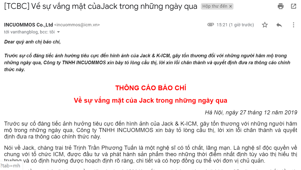 Jack, K-ICM, Jack K-ICM, ICM thông cáo Jack vắng mặt, jack k-icm tin mới, K-ICM, mẹ nuôi của K-ICM, Jack và K-ICM, Hoa vô sắc, youtube, jack, hồng nhan, fan đóm của jack