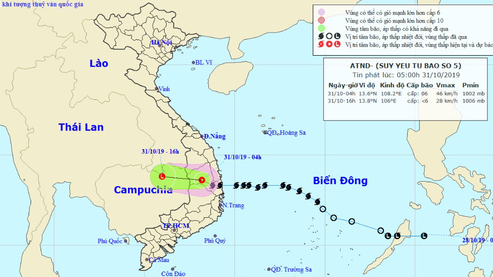 Bão số 5 đã suy yếu thành áp thấp nhiệt đới