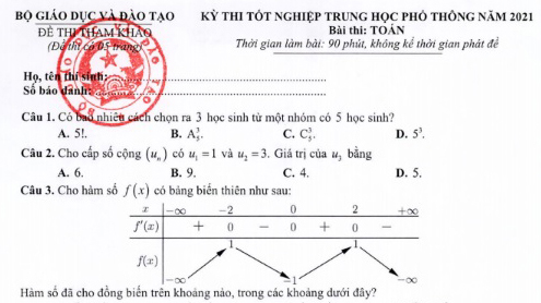 Đề thi tốt nghiệp THPT Quốc gia năm 2021 môn Toán